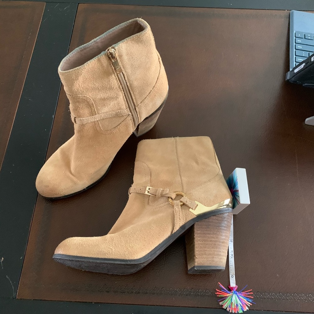 Soft Suede Vince Camuto Heeled Booties with Gold Buckle Detail